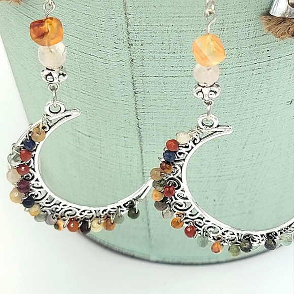Handcrafted Silver Crescent Moon Earrings With Gemstones - Picture 2 of 4